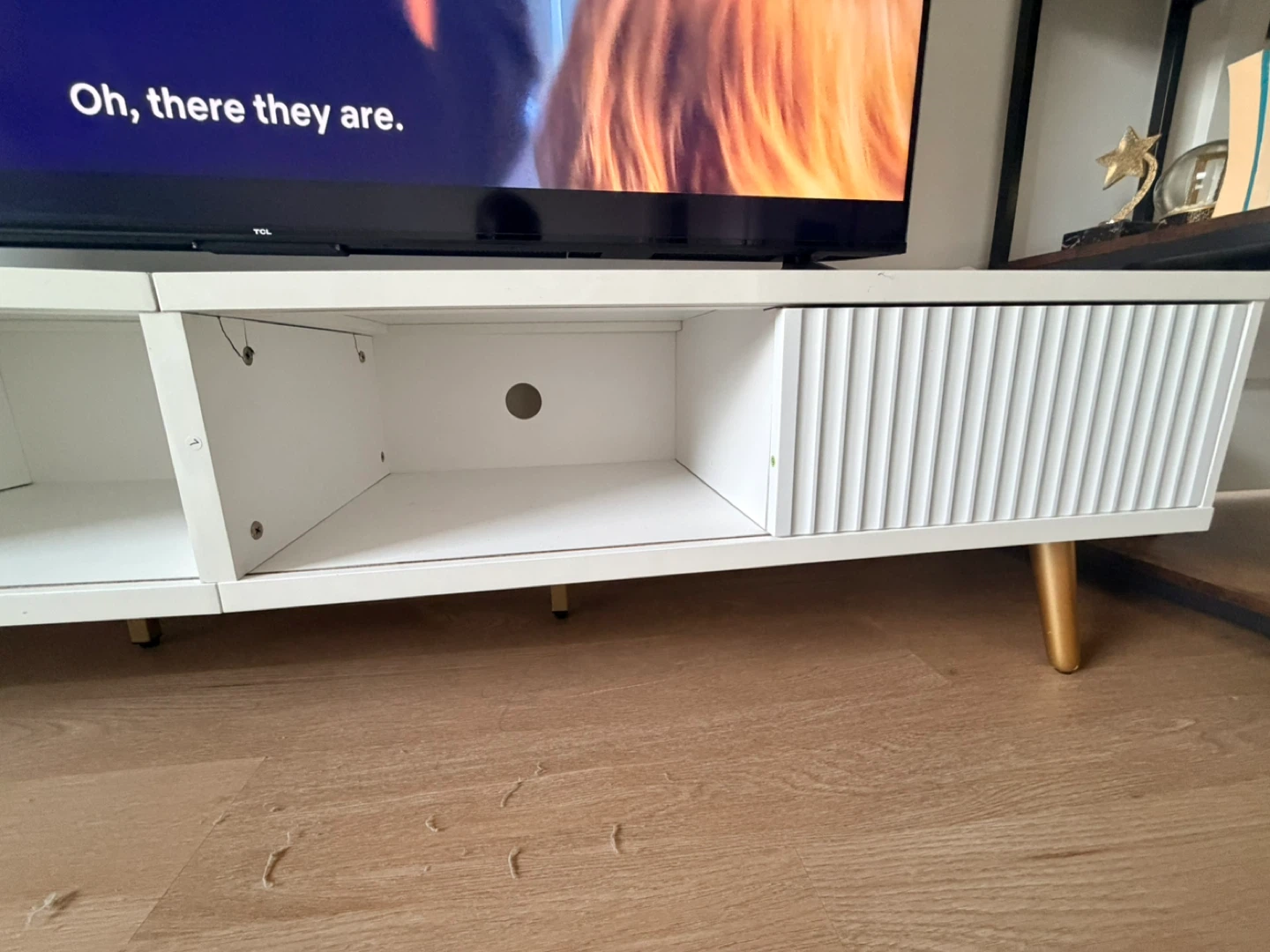 White Media Console with Fluted Drawer and Gold Legs