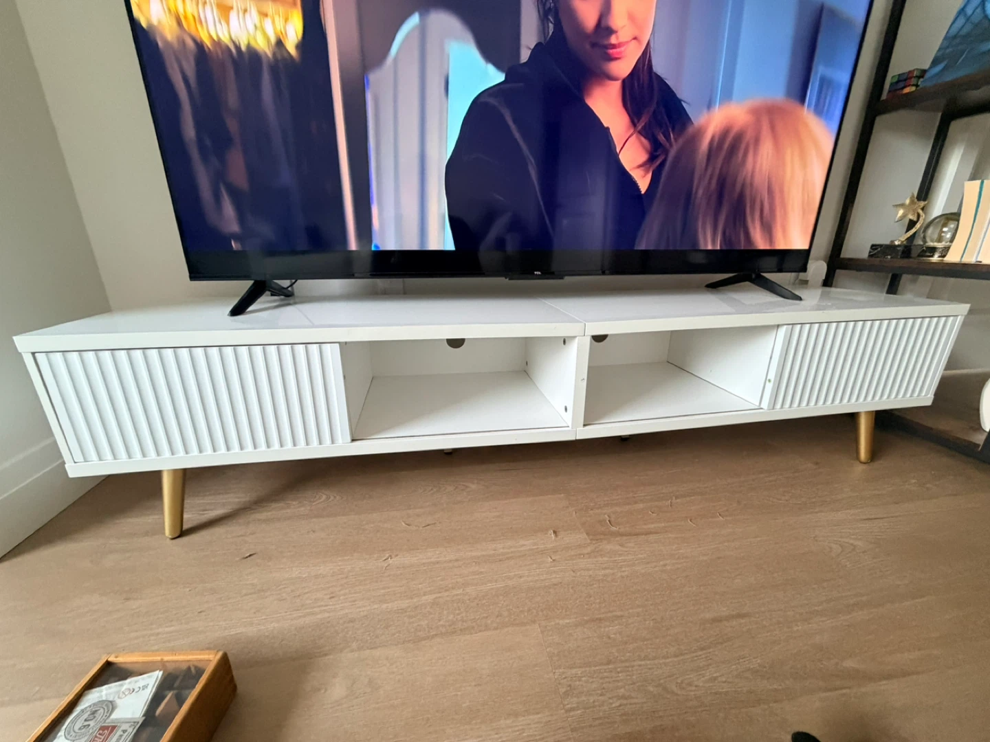 White Media Console with Fluted Drawer and Gold Legs - photo 3