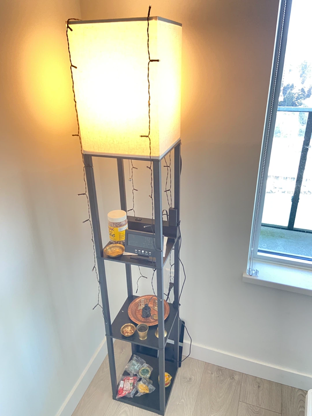 Standing Lamp with Shelves and Fairy Lights