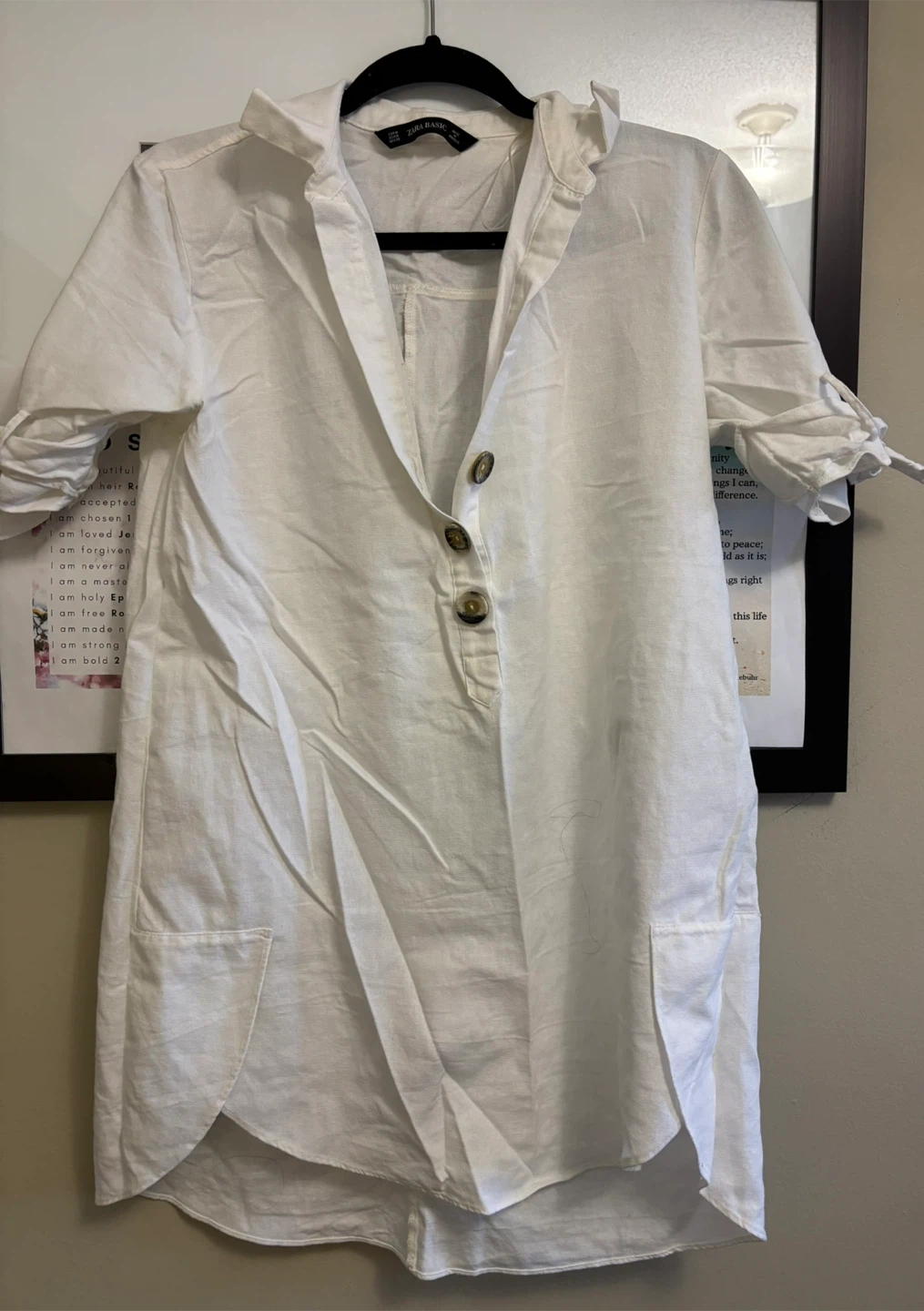 Zara Basic White Linen Blend Button-Up Shirt Dress
