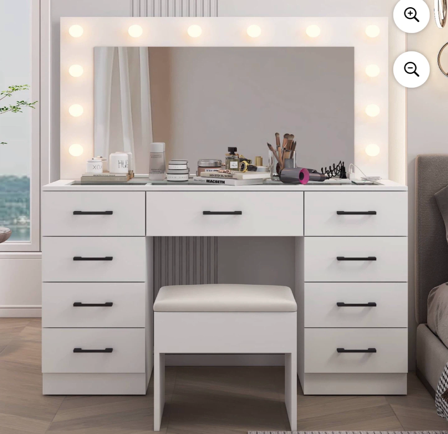 White Vanity Desk with Lighted Mirror and Stool