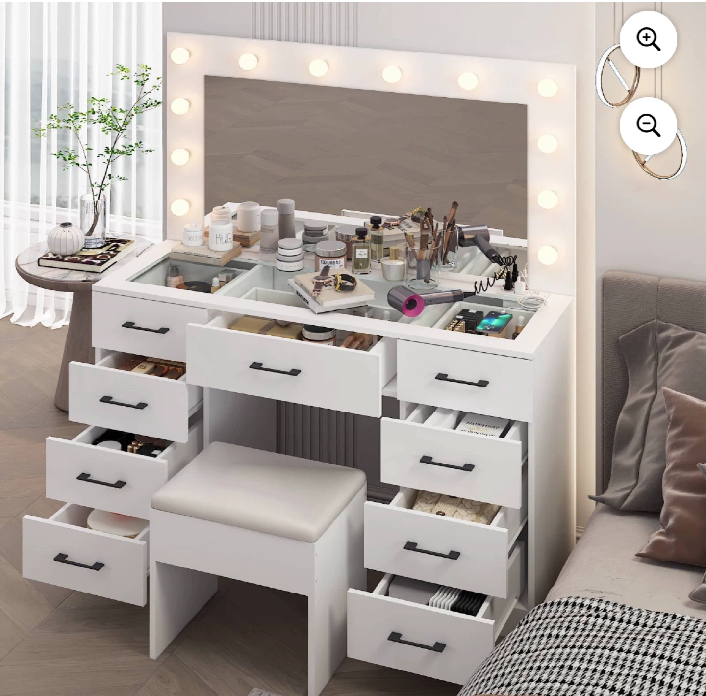 White Vanity Desk with Lighted Mirror and Stool - photo 2