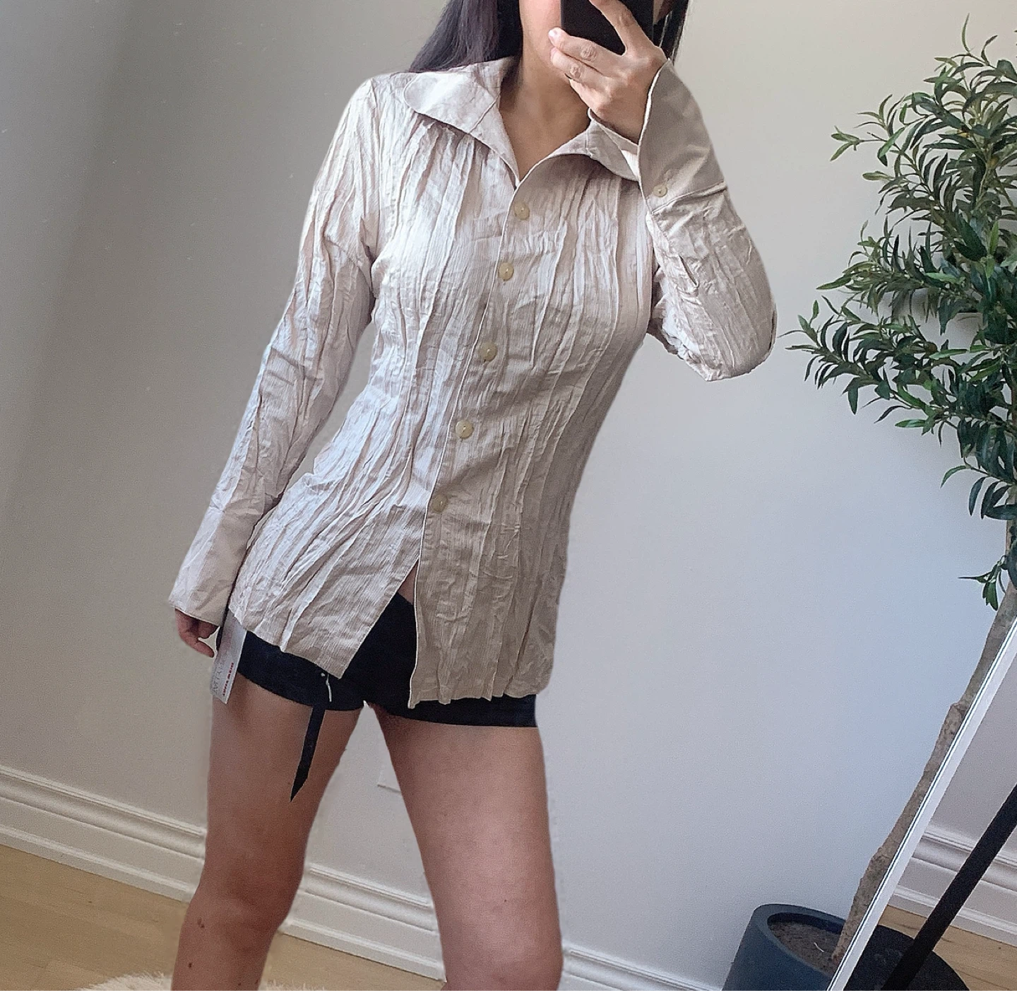 Vintage Textured Button-Up Shirt Slim Fit Beige New With Tags