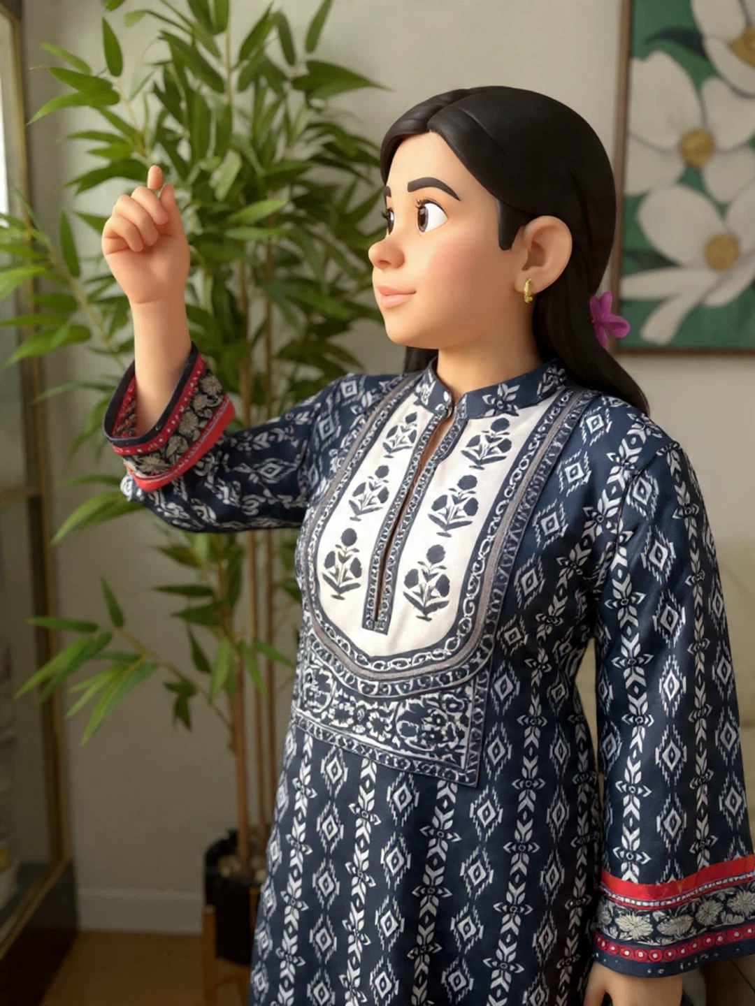 Women's XL Black, White, and Red Printed Kurti and Pants Set