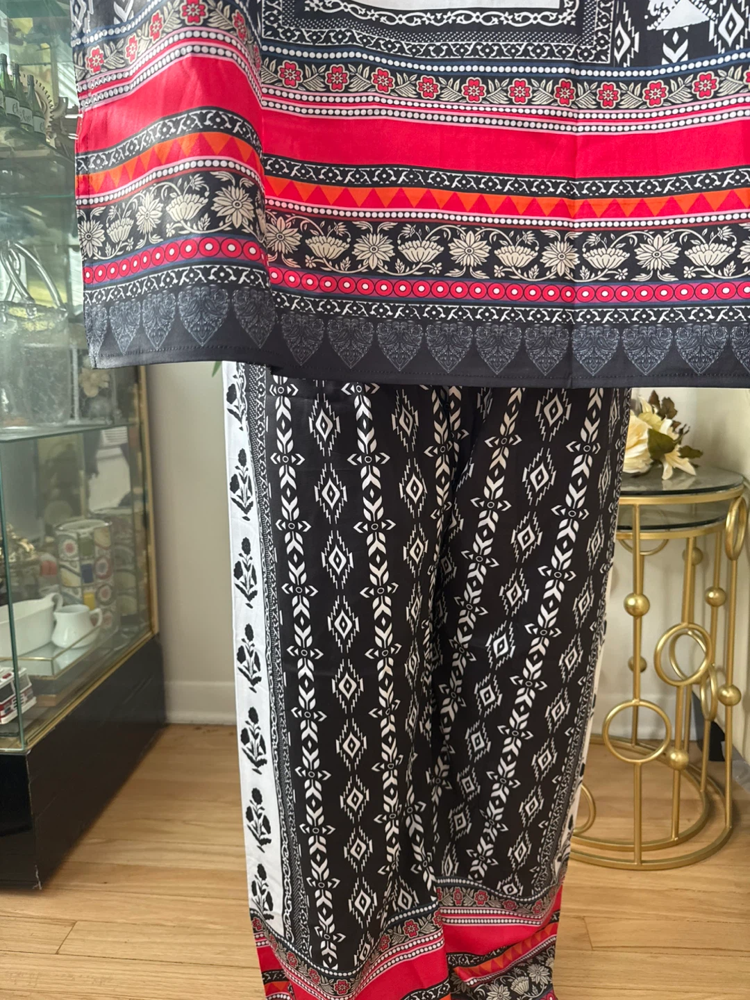 Women's XL Black, White, and Red Printed Kurti and Pants Set - photo 5