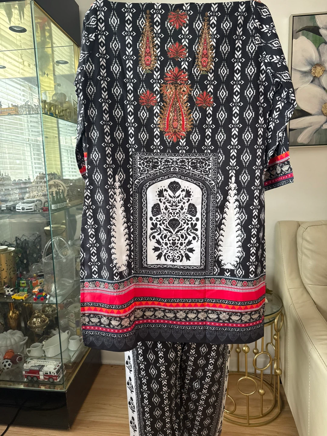 Women's XL Black, White, and Red Printed Kurti and Pants Set - photo 4