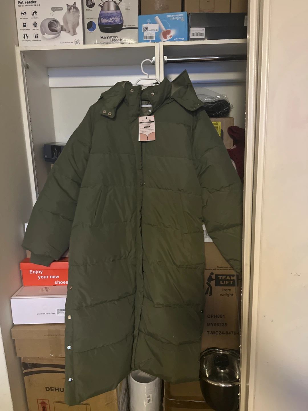 Women's Long Puffer Coat - Olive Green, Size Medium