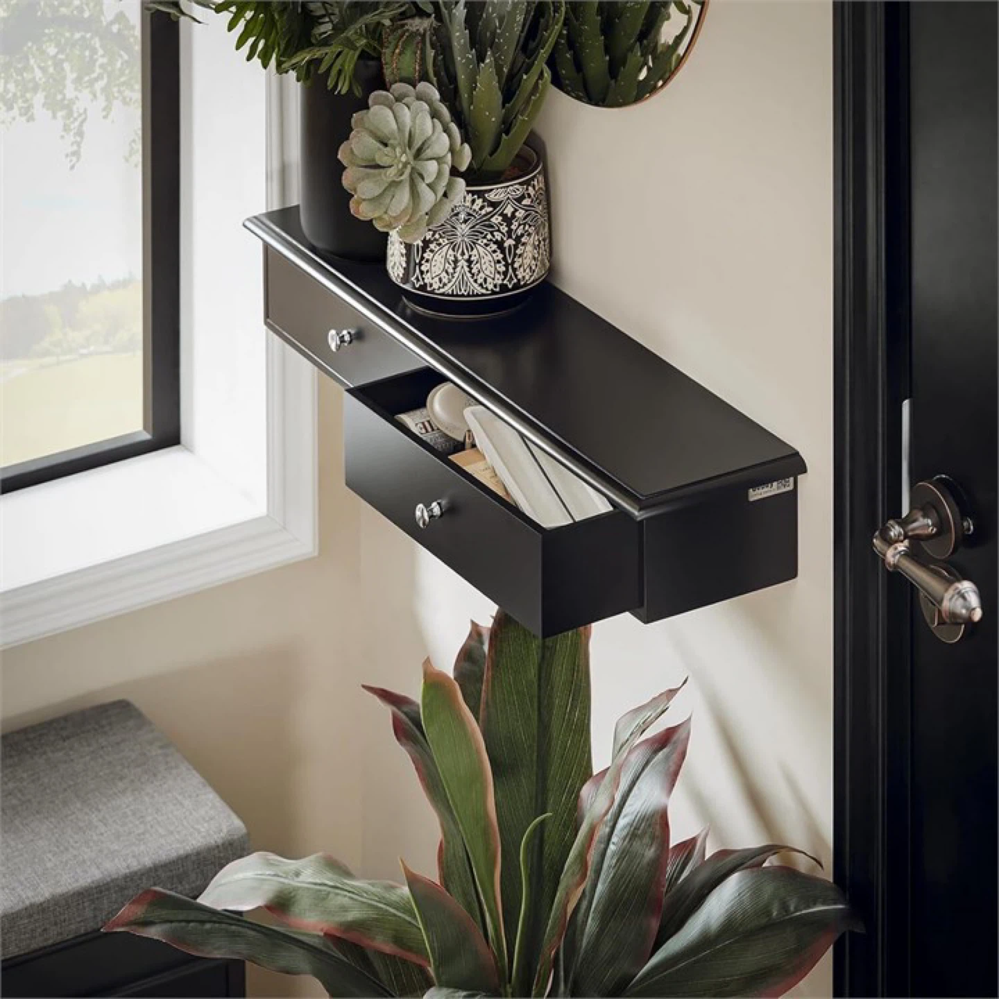 Black Wall Mounted Shelf with Two Drawers - photo 2