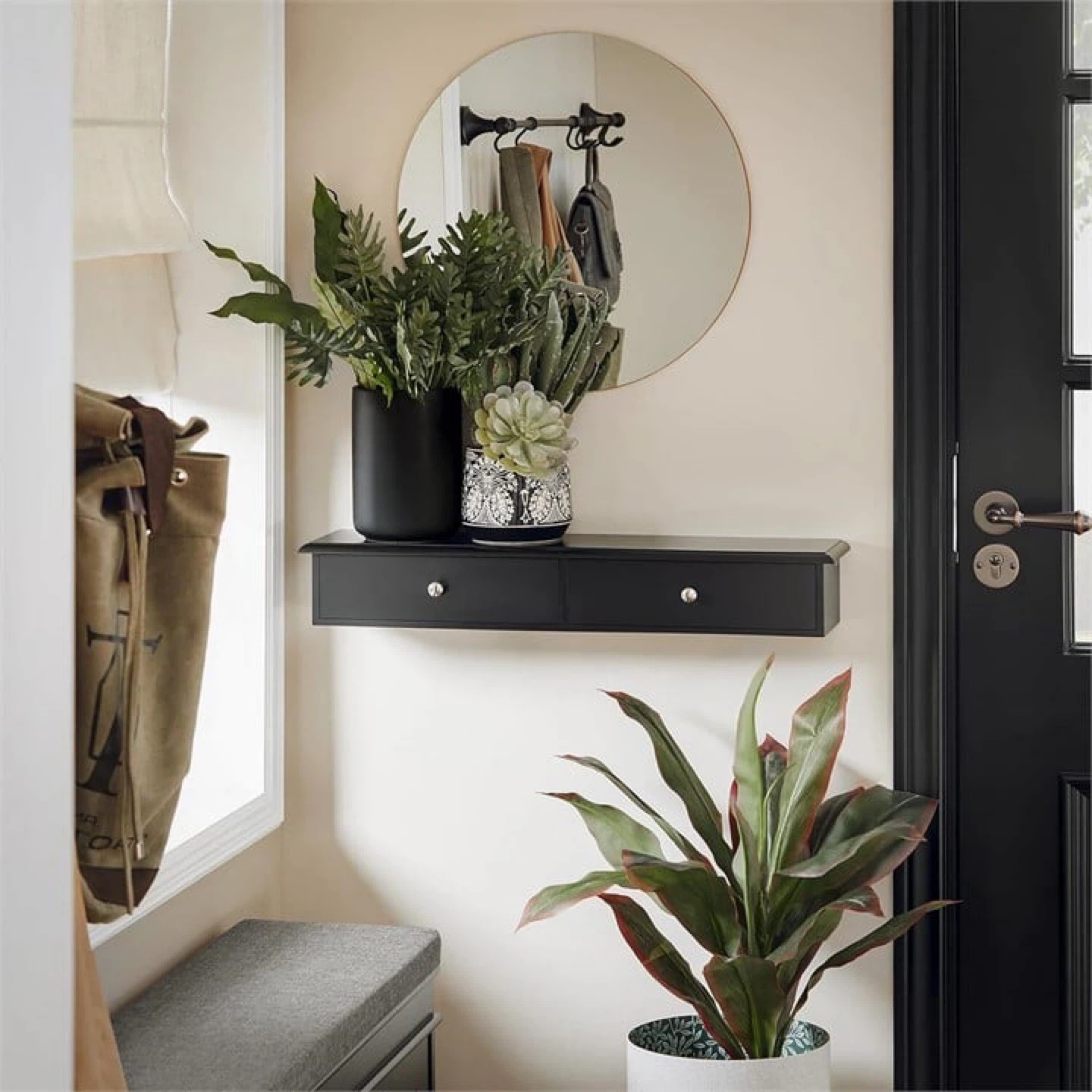 Black Wall Mounted Shelf with Two Drawers