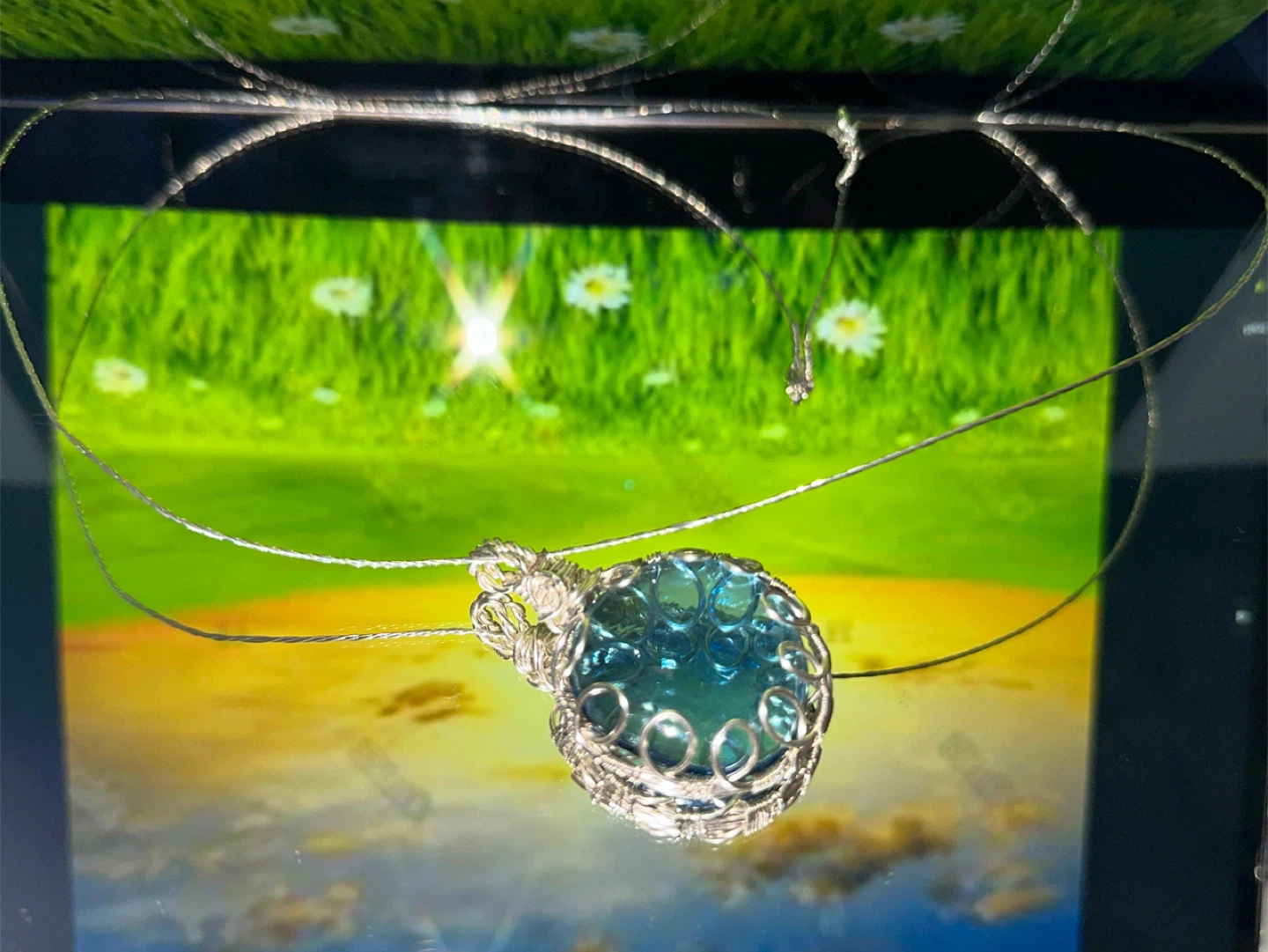 Blue Stone Pendant Necklace with Wire Wrap