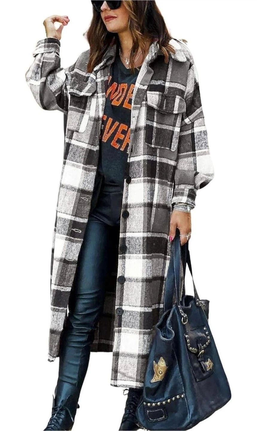 Long Plaid Flannel Shirt Jacket