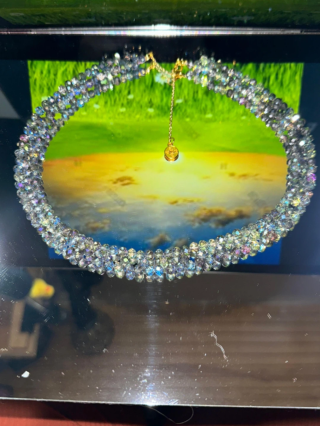 Crystal Beaded Choker Necklace with Gold Charm