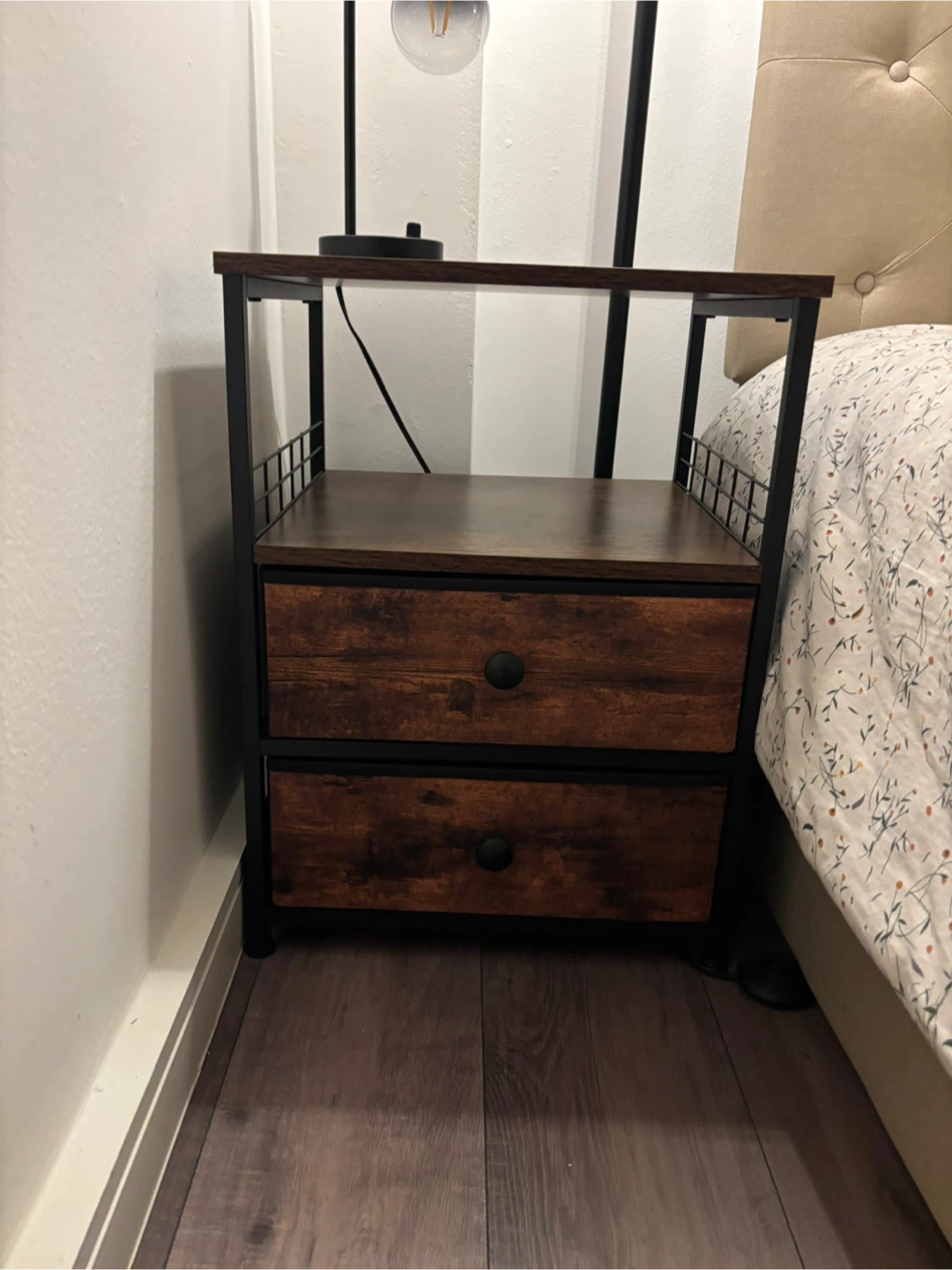 A pair of Rustic Wood and Metal Nightstand with 2 Drawers
