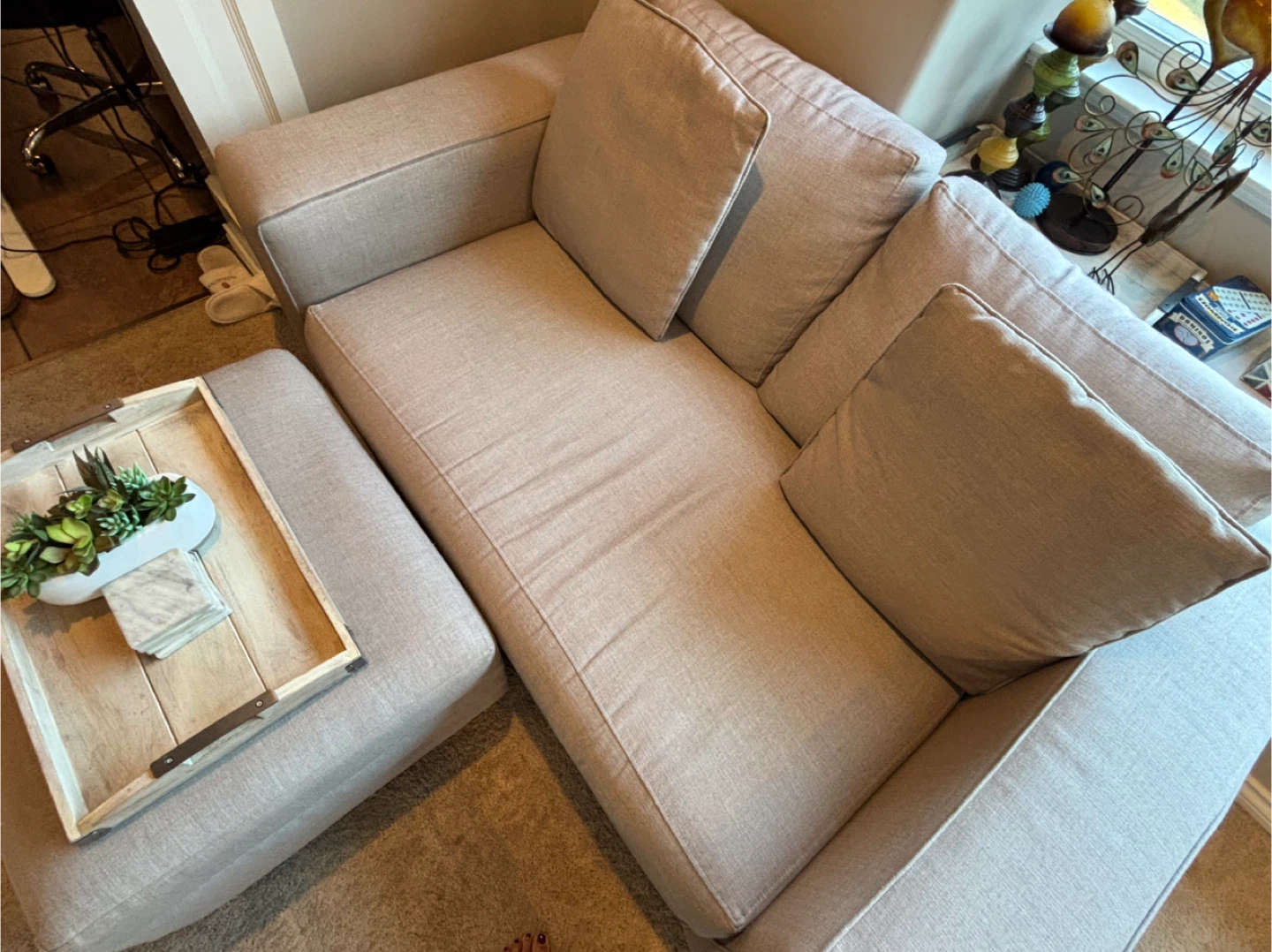 Light Beige Loveseat and Ottoman
