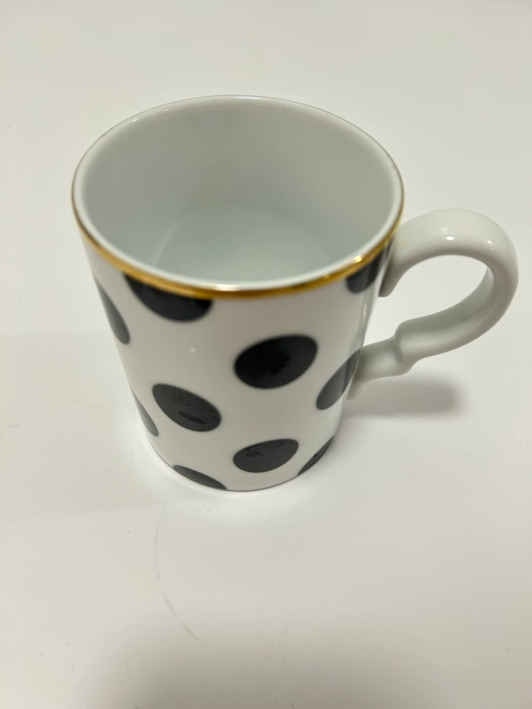 Preowned White Coffee Mug with Black Polka Dots and Gold Rim - photo 2