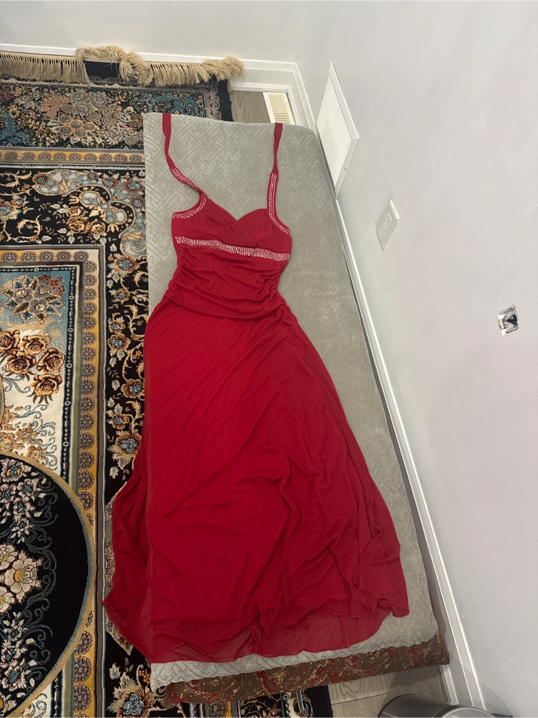 Red Ruched Maxi Dress with Rhinestone Embellishments - photo 2