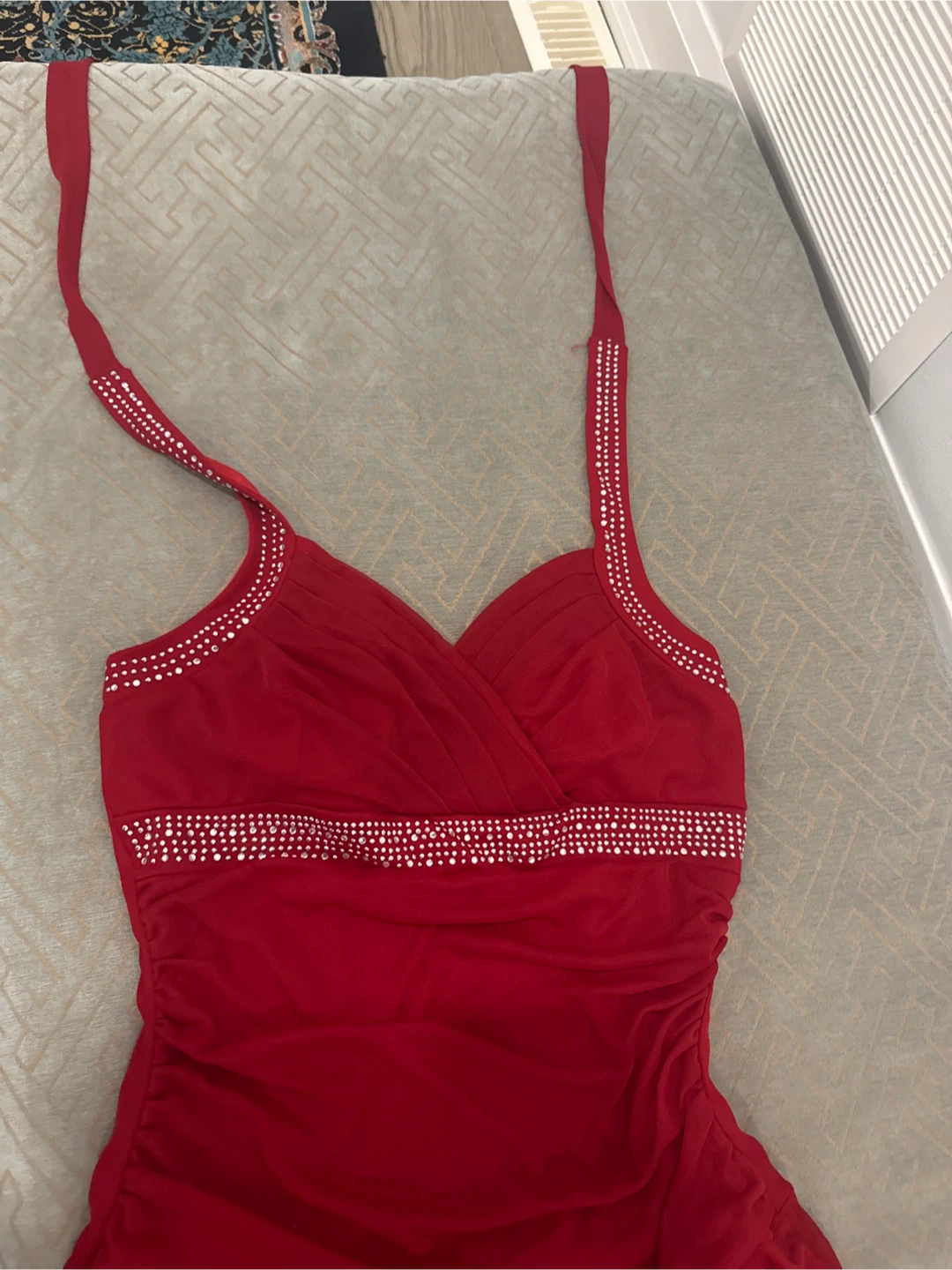 Red Ruched Maxi Dress with Rhinestone Embellishments - photo 3