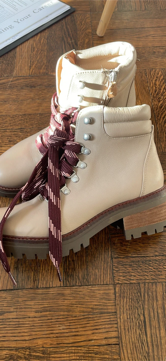 Beige Leather Lace-Up Boots with Side Zip