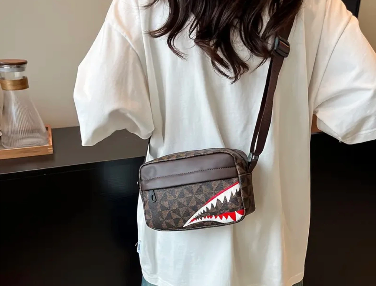 New ! Brown Monogram Shark Face Crossbody Bag