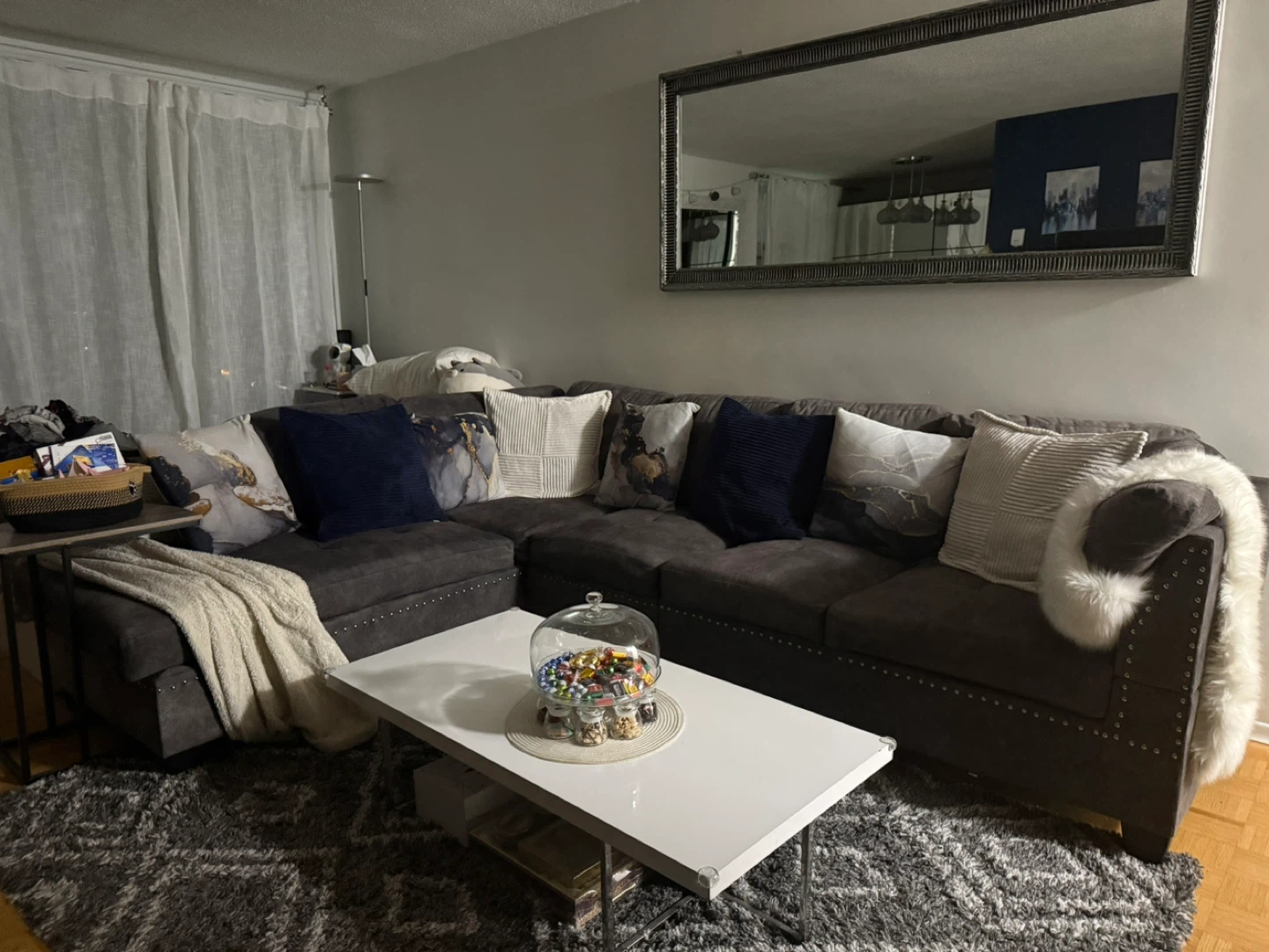 Dark Grey Sectional Sofa with Studded Arms