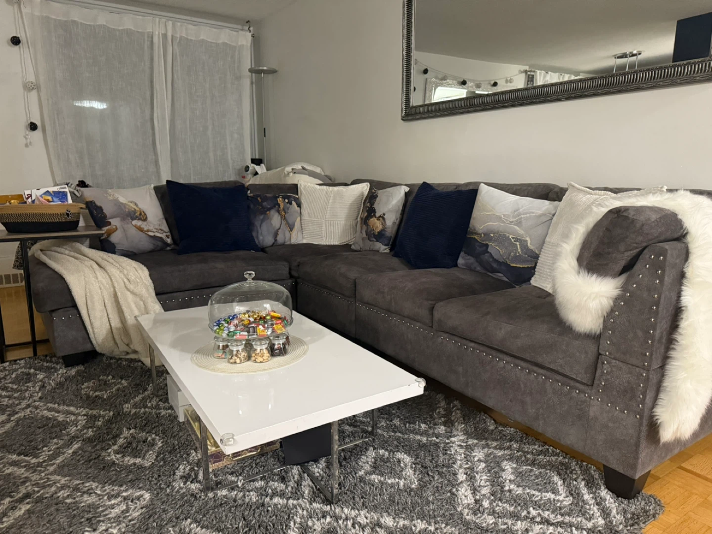 Dark Grey Sectional Sofa with Studded Arms - photo 2