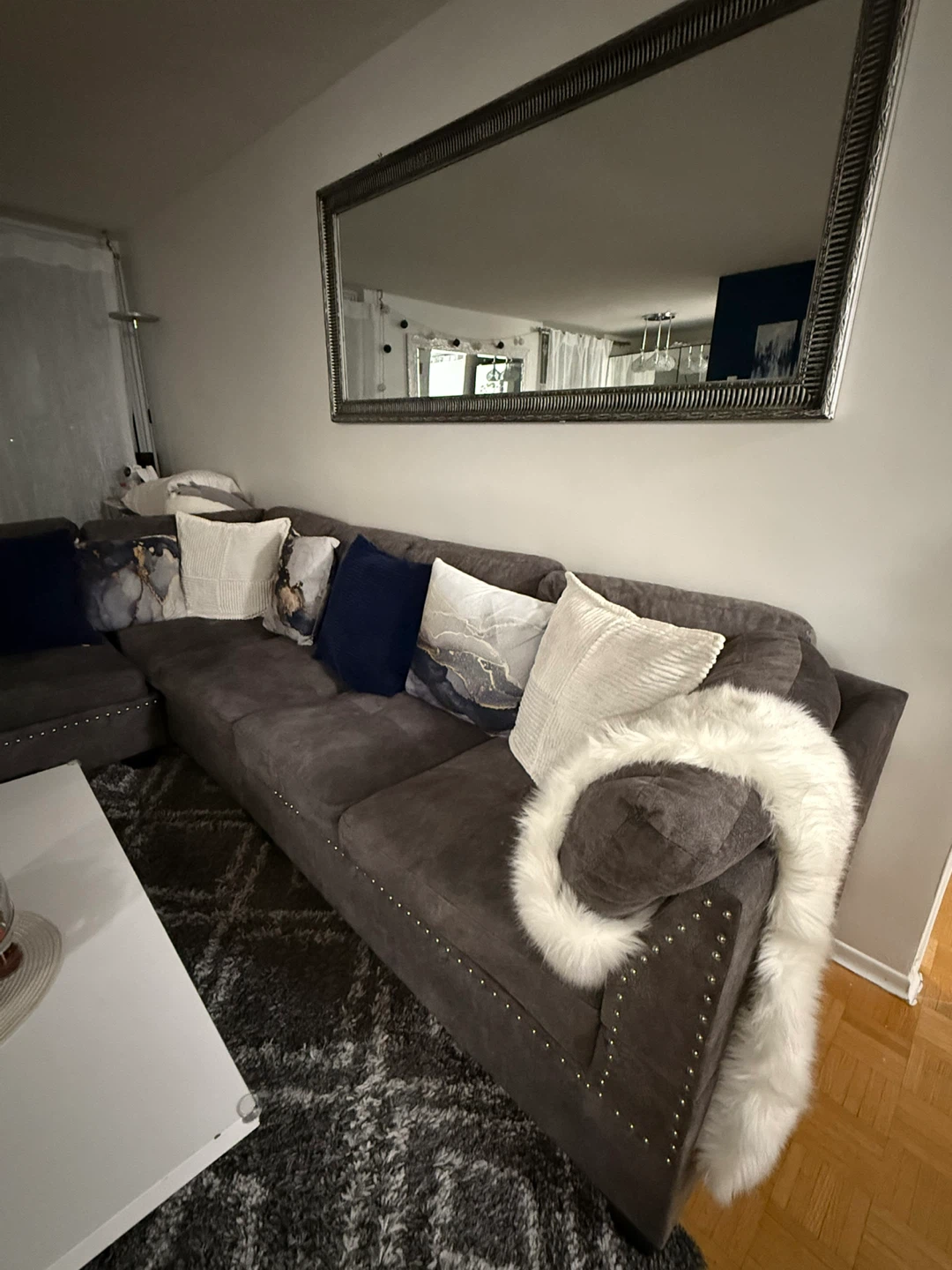 Dark Grey Sectional Sofa with Studded Arms - photo 5
