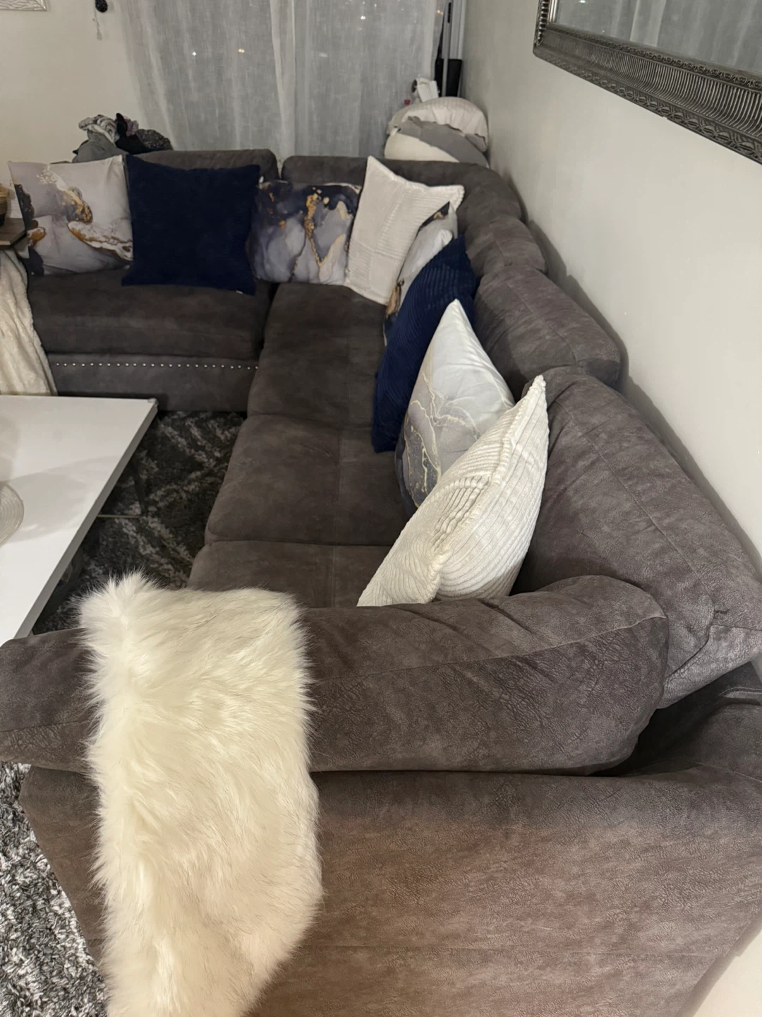 Dark Grey Sectional Sofa with Studded Arms - photo 3