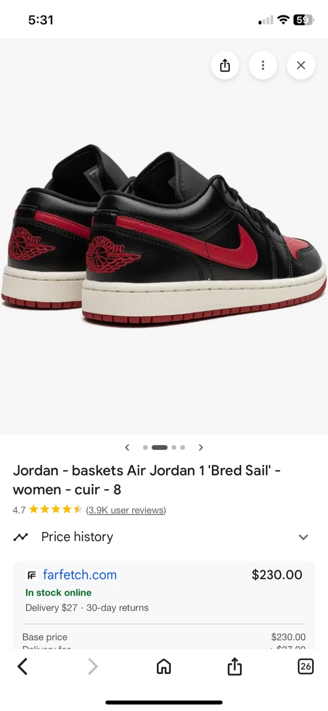 Jordan Air Jordan 1 Low 'Bred Sail' Women's Size 8 - photo 2