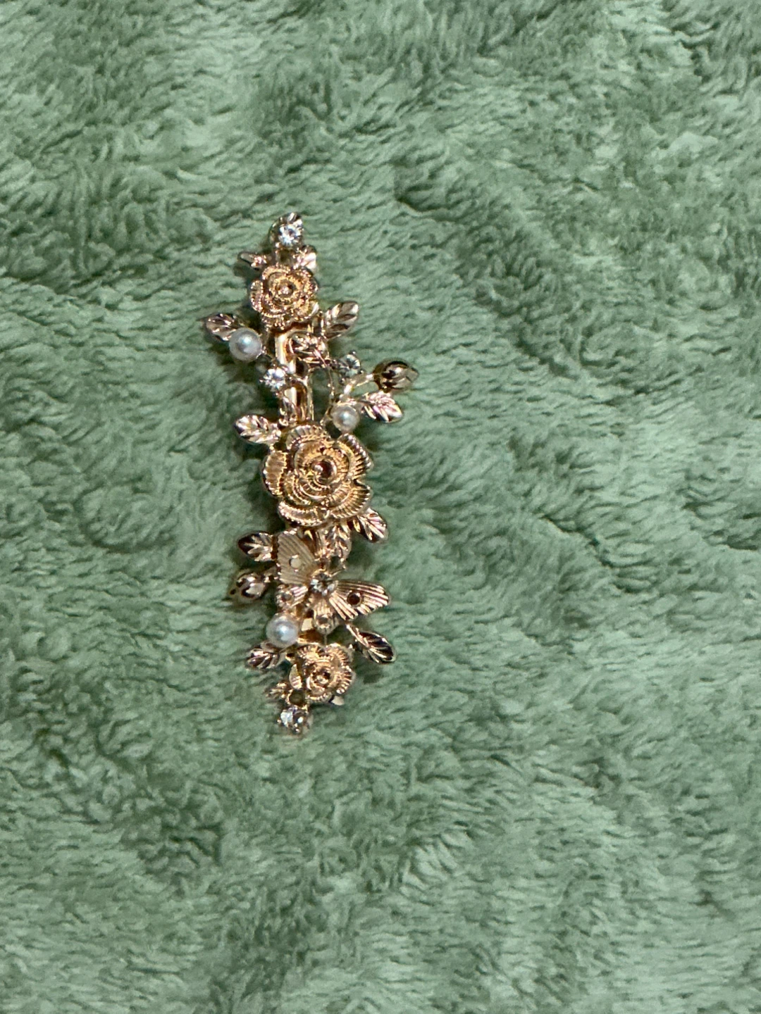 Gold Floral Barrette with Pearls and Rhinestones