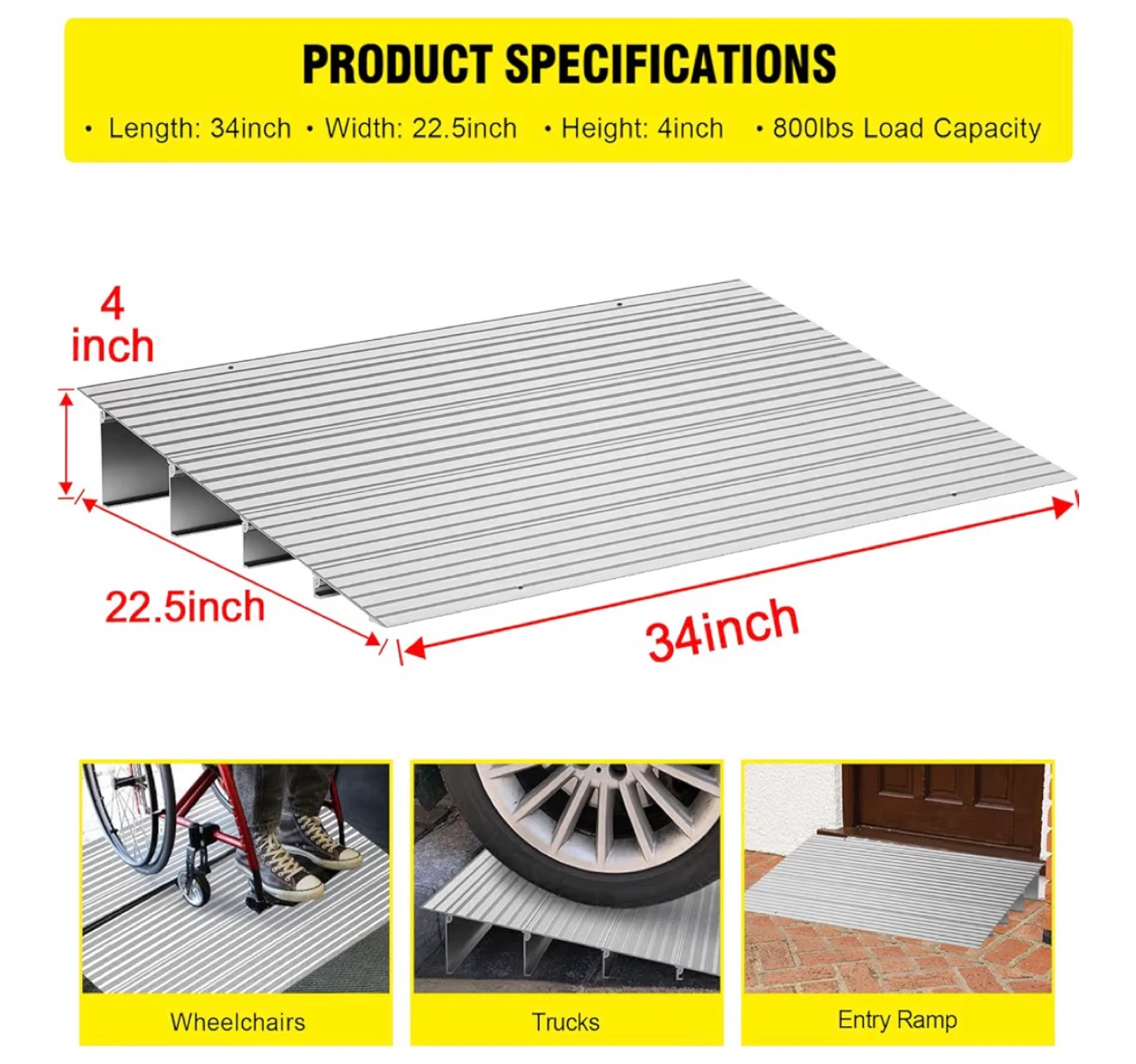 Aluminum Entry Ramp 34" L x 22.5" W x 4" H, 800lbs Capacity - photo 3