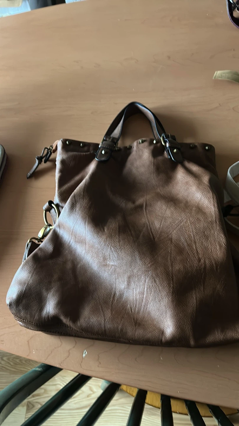 Brown Faux Leather Tote Bag with Studs