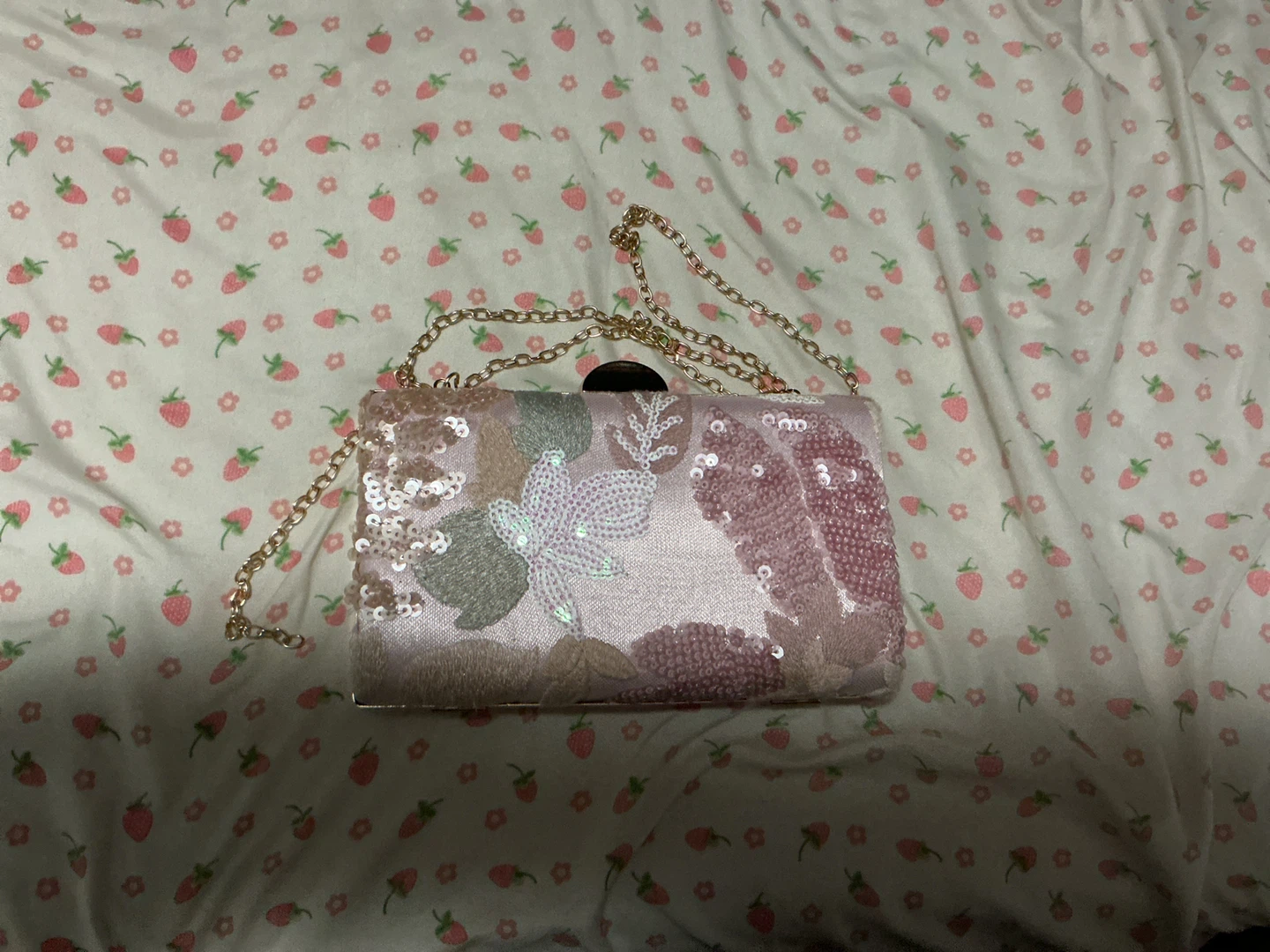 Embroidered Sequin Clutch Purse with Chain Strap
