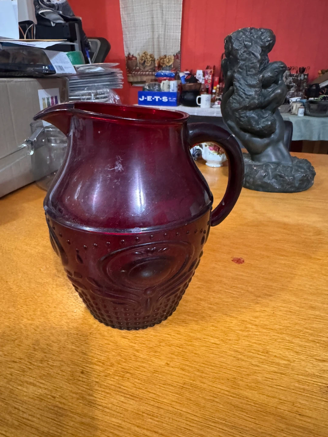 Valentines Sale! Ruby Red Pitcher with Embossed Design