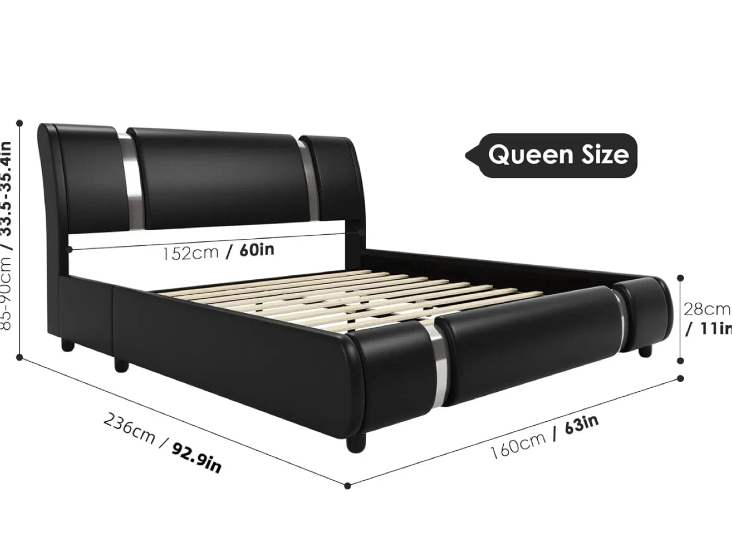 Full Size Black Faux Leather Bed Frame with Headboard - photo 2