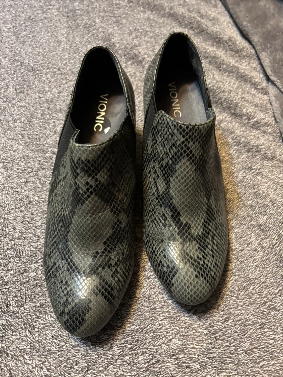 Vionic Women's Grey Snake Print Slip-On Wedge Ankle Boots