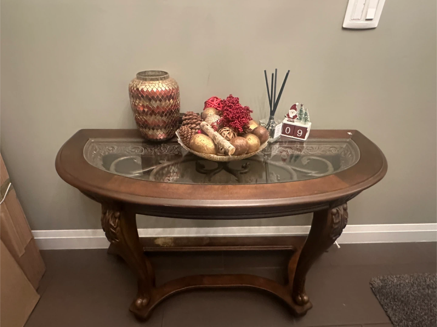 Ornate Wood and Glass Coffee Table, Side Table and Console Table