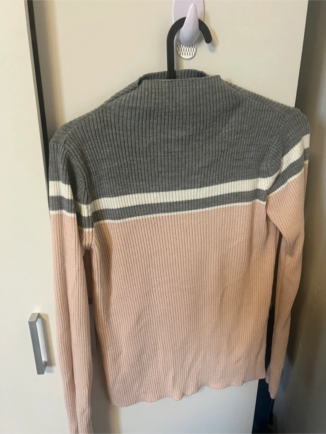 Striped Mock Neck Ribbed Sweater - Pink, Grey, White
