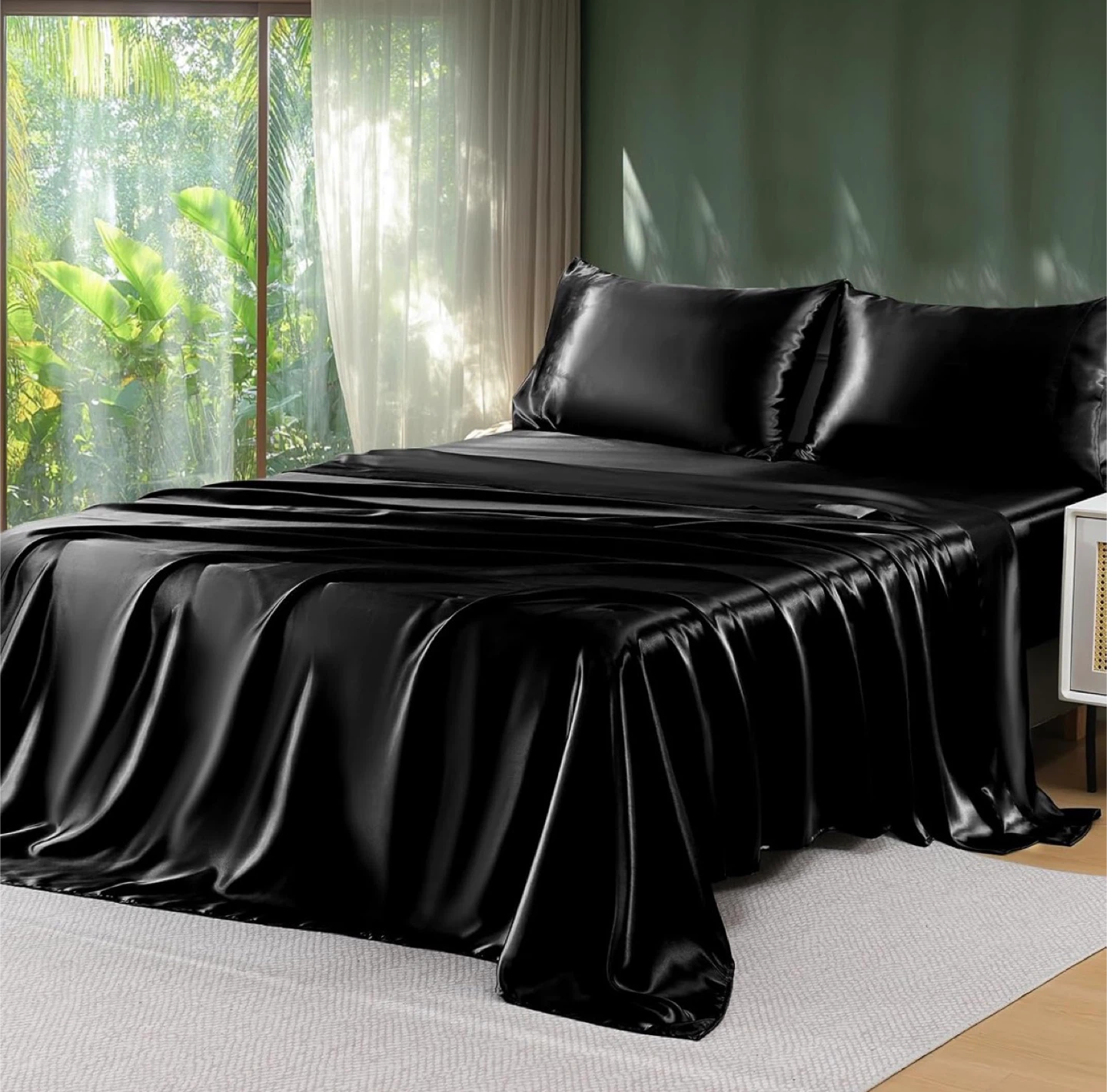 7 Piece Black Satin Queen Size Bed Sheet Set