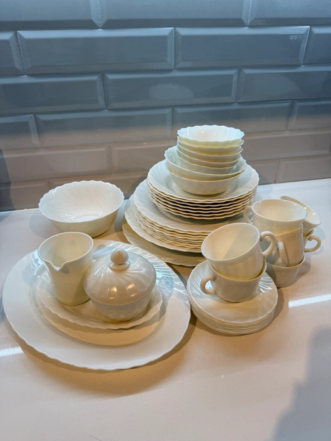 Vintage Arcopal France White Porcelain Dinnerware Set