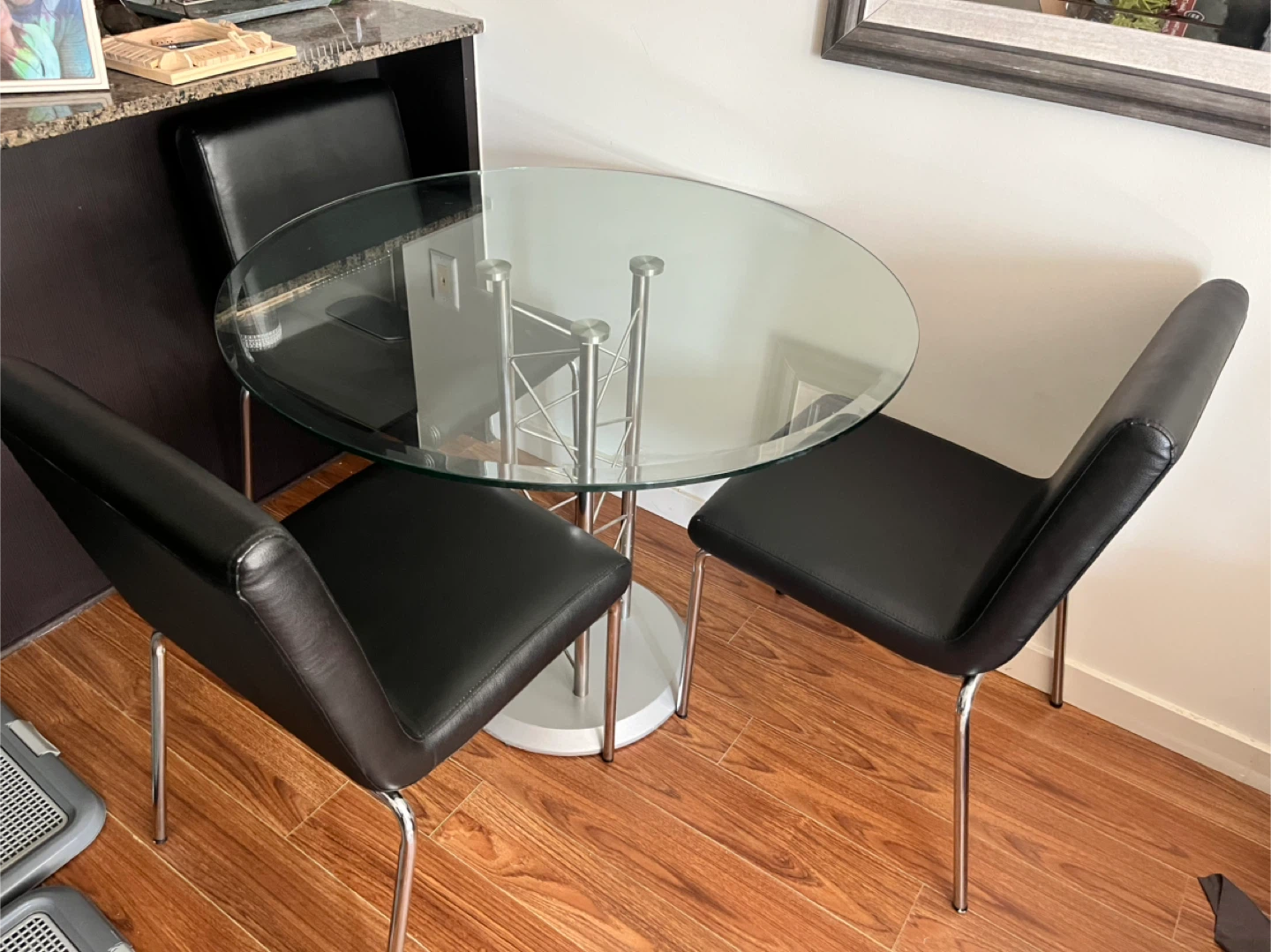 Glass Top Dining Table with 2 Black Chairs