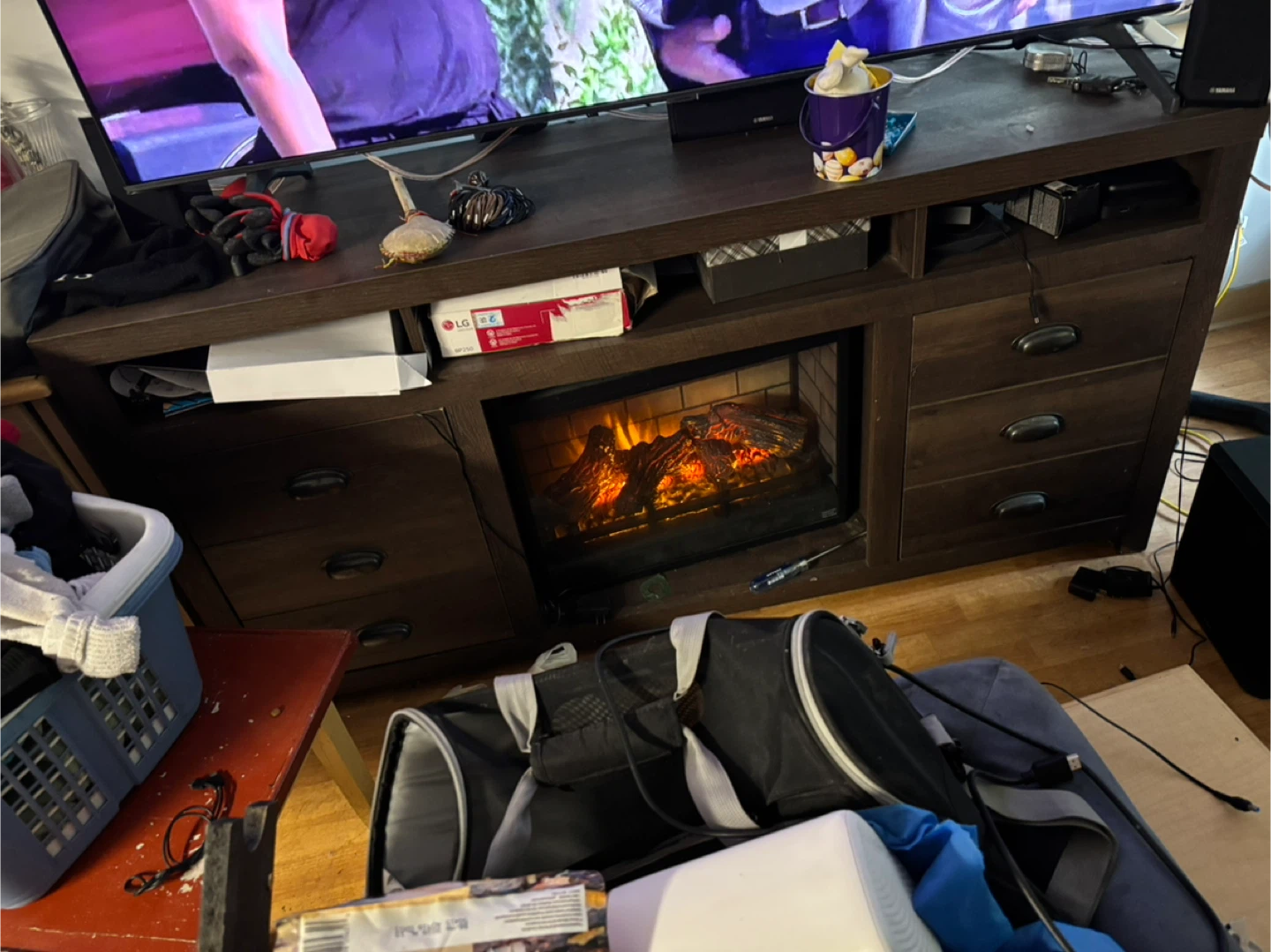 Dark Brown Entertainment Unit with Electric Fireplace