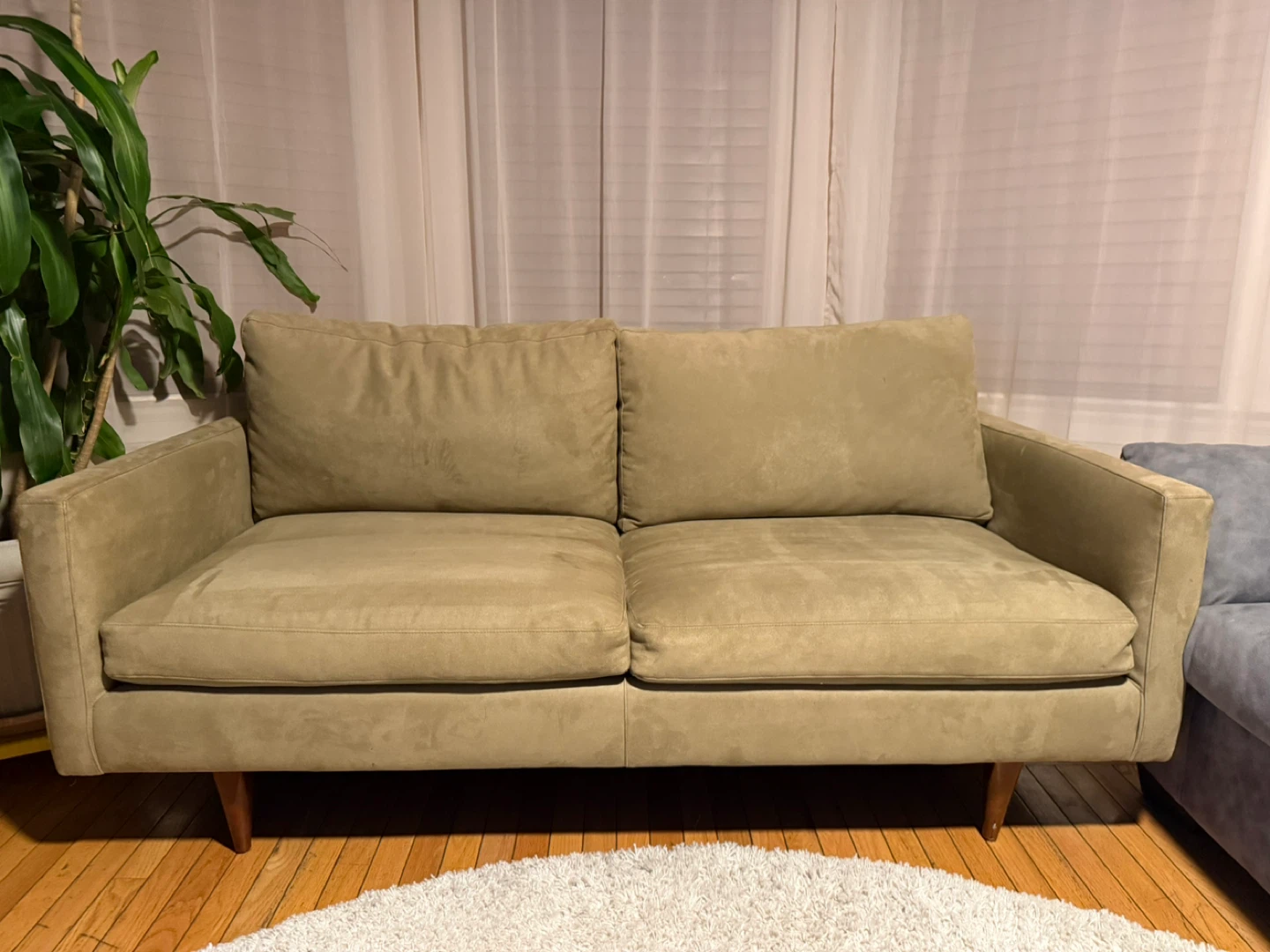 Mid-Century Modern Sofa – Olive / Taupe Microsuede