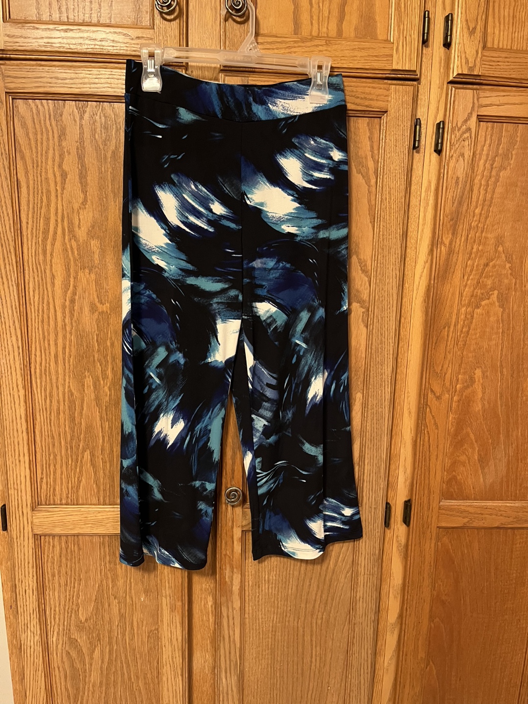 LEEBE Women's Small Black Blue Abstract Print Wide Leg Pants