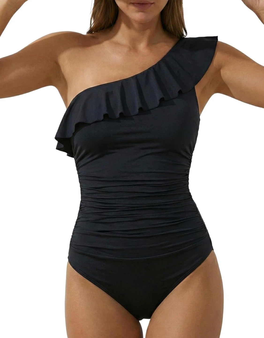 Black One-Shoulder Ruffle One-Piece Swimsuit - photo 2