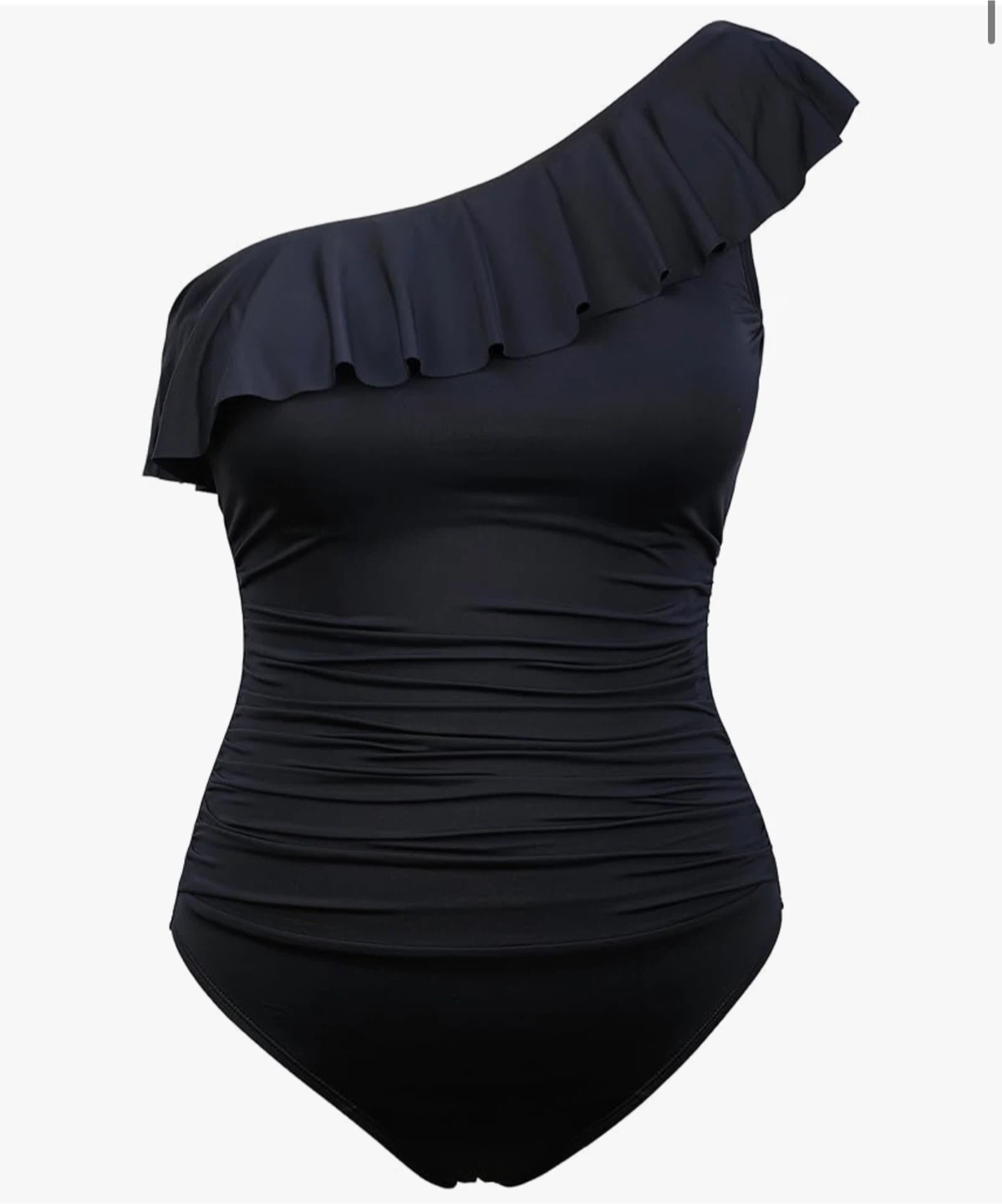 Black One-Shoulder Ruffle One-Piece Swimsuit