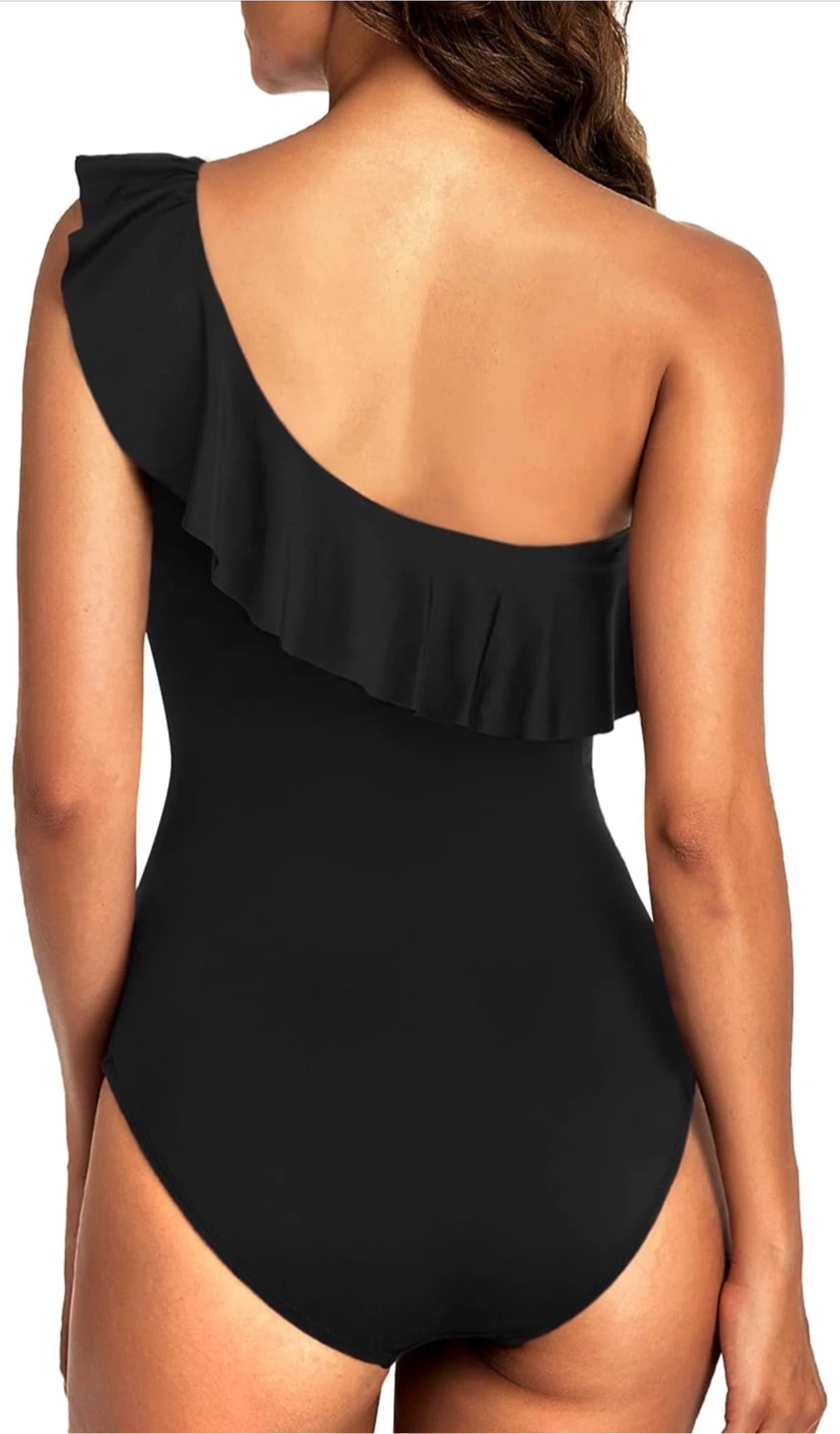 Black One-Shoulder Ruffle One-Piece Swimsuit - photo 4