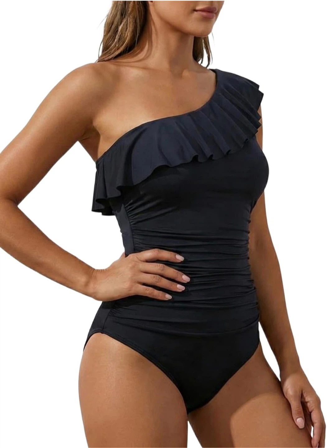Black One-Shoulder Ruffle One-Piece Swimsuit - photo 3
