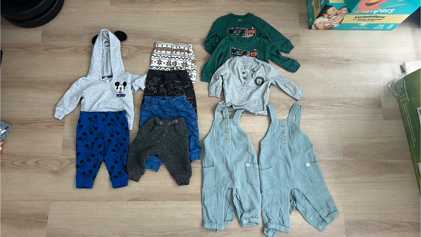Baby Clothes Bundle - Mickey Mouse, Overalls & Pants