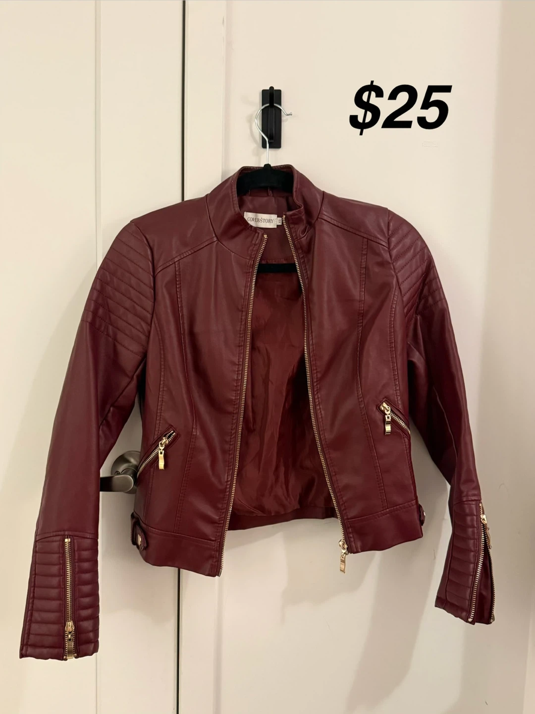 Faux Leather Moto Jacket - Burgundy