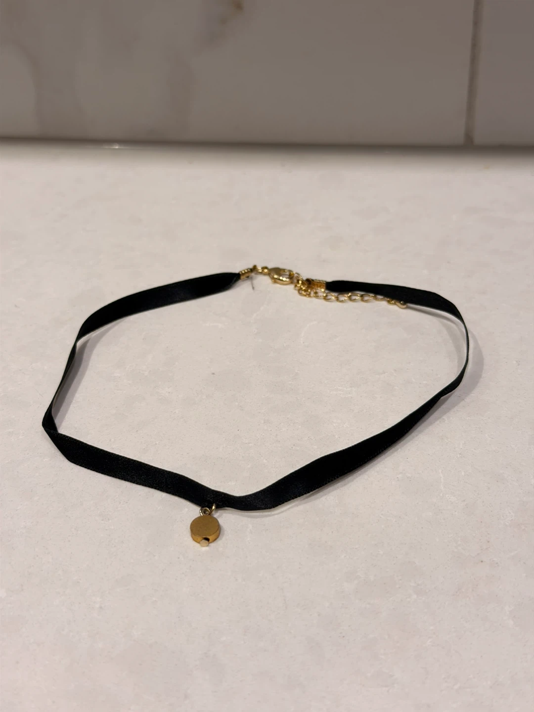 Black Ribbon Choker with Gold Disc Pendant